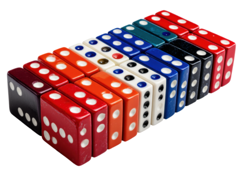 Colorful dice arrangement for fun games studio photography close-up. Isolated on transparent background, png.