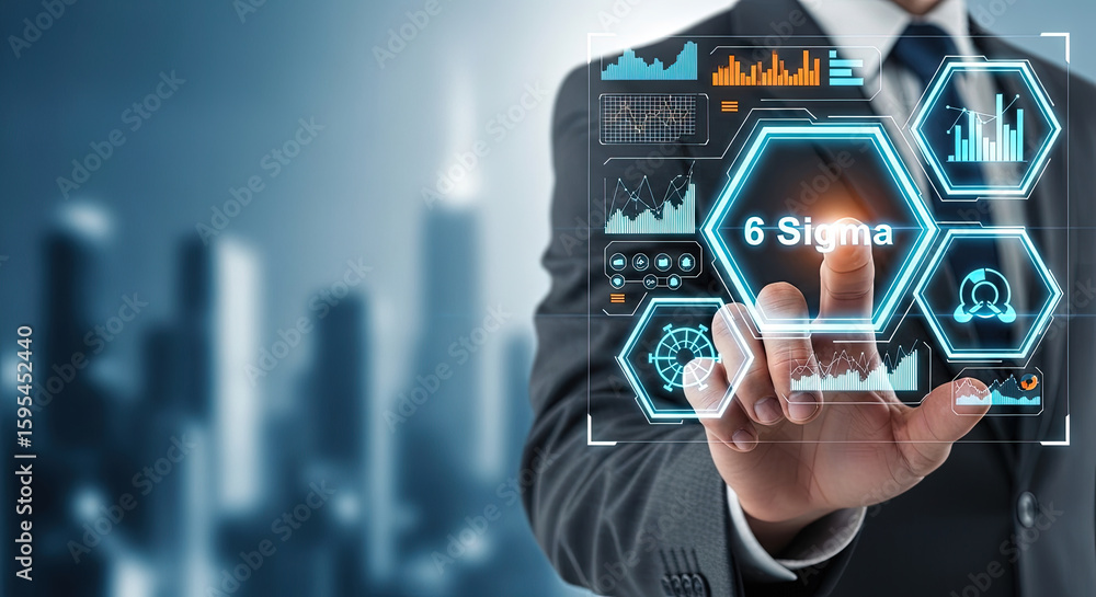 Poster six sigma concept: businessman analyzing data on a futuristic interface for business process improve