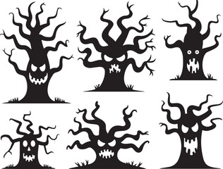 Set of Scary Halloween Haunted Trees with Faces Silhouette on White Background
