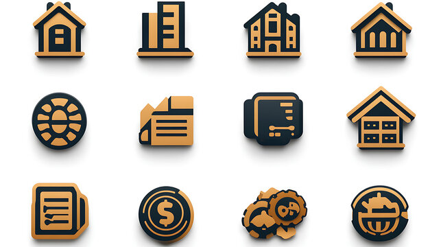 Collection of Golden and Dark Blue 3D Business Icons on White Background