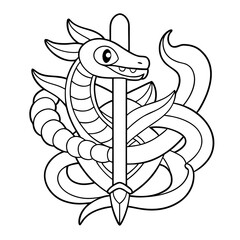 Naklejka premium Draw a Black and White Outline of a Dragon Wrapped Around a Castle Coloring Page