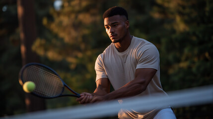Young tennis player practicing backhand on outdoor court with net