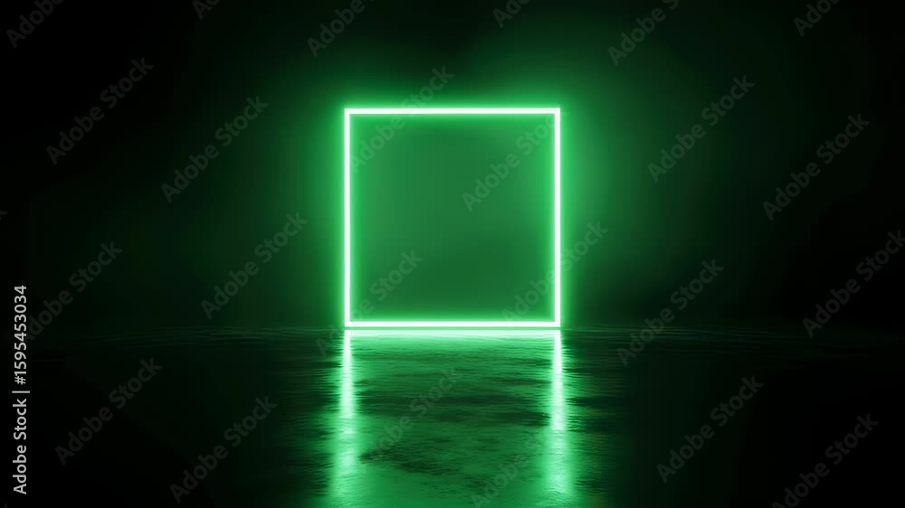 Aufkleber green neon square shape glowing and reflecting on wet floor in dark abstract space, loop animation b