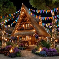 Cozy thatched home with outdoor festive setup high resolution picture