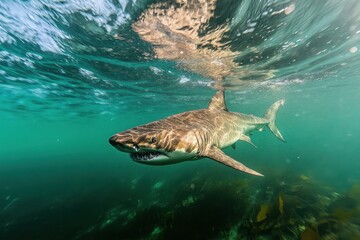 Obraz premium Dramatic angle captures a passing Ragged Tooth Shark in clear coastal waters, Dramatic angle of a passing Ragged Tooth Shark