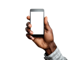 Hand holding smartphone studio photography minimalist close-up. Isolated on transparent background, png.