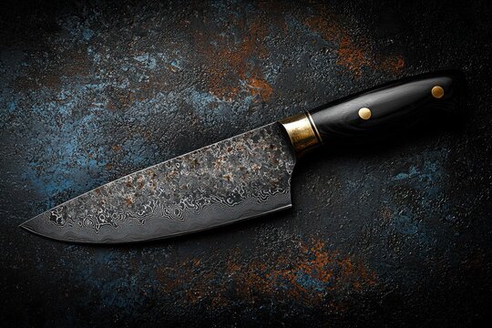 Hand Forged Damascus Chef's Knife on Dark Background