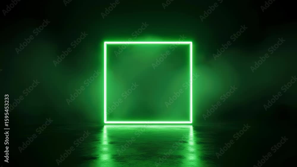 Poster green neon square shape glowing in smoky dark space. geometric futuristic light reflection on wet fl