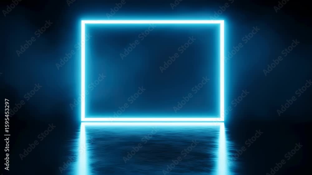 Aufkleber blue neon geometric light flickering and illuminating dark space with floor reflection. digital glow