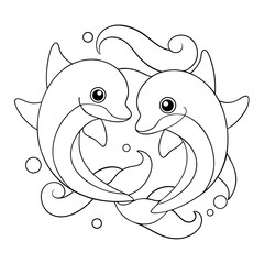 Fototapeta premium Draw a Pair of Dolphins with Tails Touching Surrounded by Shells Coloring Page