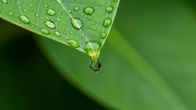 An extreme close-up, slow-motion video of a single, clear water drop falling from a vibrant green leaf after a rain