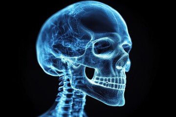 Glowing human skull rotates in dark environment with ethereal illumination, Digital of glowing human skull rotating against dark background