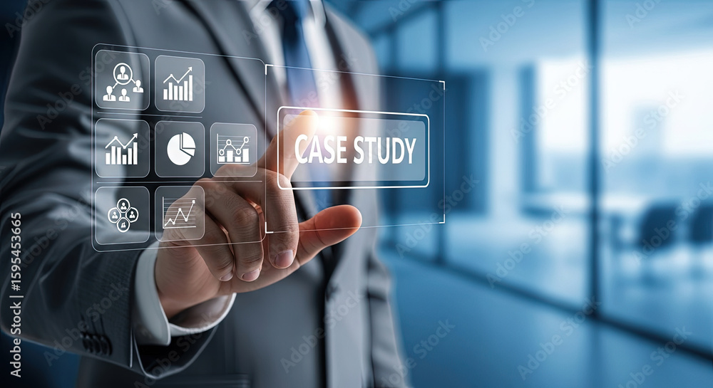 Poster case study analysis: businessman touching virtual screen with business data and charts. modern techn