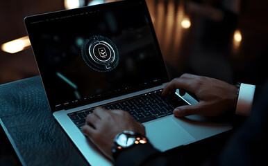 Businessman's Hands Typing on Laptop with Glowing Interface, Dark Ambience.