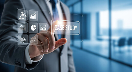Case Study Analysis: Businessman Touching Virtual Screen with Business Data and Charts. Modern Technology for Business Analytics and Strategy Planning.