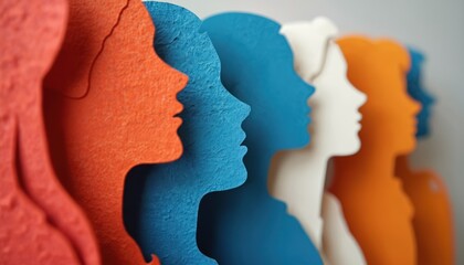 Colorful profiles represent diversity in mental health awareness and support. Silhouettes in blue, orange, and white convey connection, empathy, and community for psychological well-being.