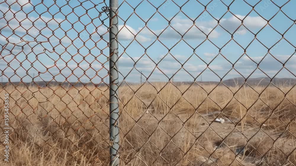Poster a chain link fence standing in the middle of a green field with no surrounding objects or people