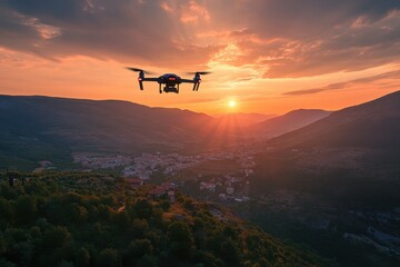 Dramatic sunset view over a valley with a drone flying above a town, Flying down and over town and valley at sunset drone