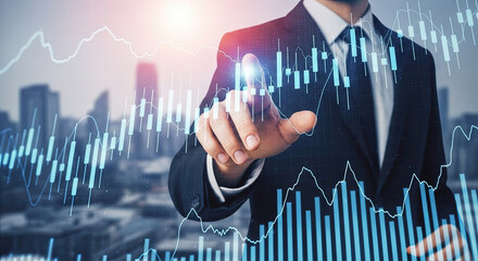 Financial Analyst Touching Virtual Stock Market Chart, Analyzing Data for Investment Strategy and Business Growth. Modern Technology and Finance Concept