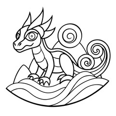 Outline a Black and White Outline of a Dragon Perched on a Mountain Coloring Page
