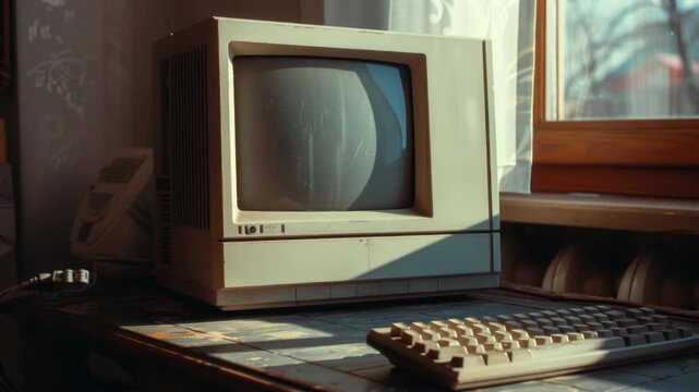 An old computer sitting on a desk with a retro look