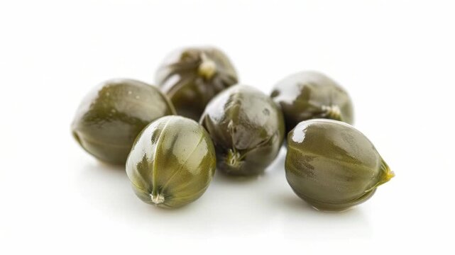 A close-up shot of a group of olives arranged on a white surface
