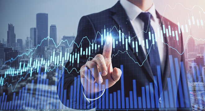 Financial Analyst Touching Stock Market Chart Overlaying Cityscape, Investment Strategy, Business Growth, and Data Analysis Concept Visual