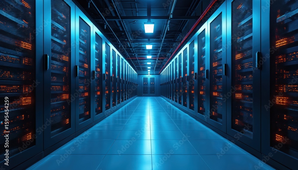 Poster expansive data center aisle with rows of server racks glowing with orange lights. advanced technolog