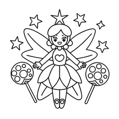 Fototapeta premium Outlined Magical Fairy with a Patterned Wand Surrounded by Sparkles Coloring Page