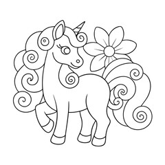 Fototapeta premium Outlined Magical Unicorn Standing in a Field of Flowers Coloring Page