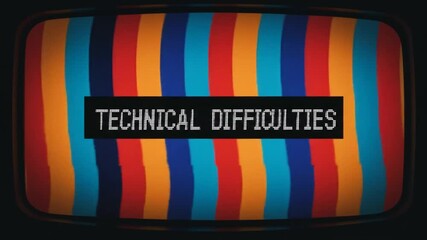 Retro television screen displaying "Technical Difficulties" over colorful, wavy, striped interference, being distorted with data glitches, dropped pixels, signal interference
