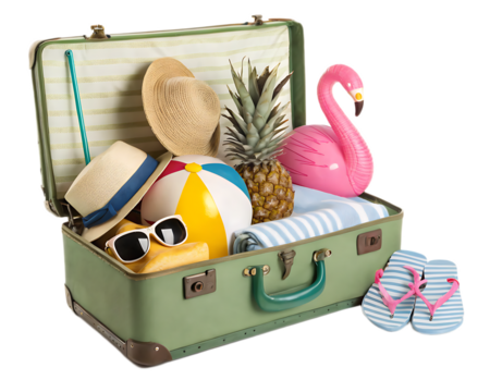 Open green suitcase filled with beach accessories including hats pineapple and flamingo floatie