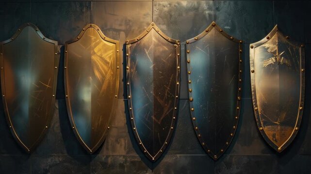 Row of shields hanging on a wall, a decorative piece or a display of armor