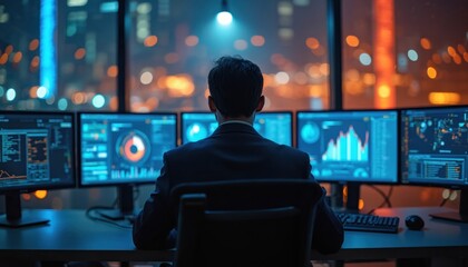 Data analyst works with multiple screens displaying graphs, charts. Focuses on digital information, complex data visualization in high-tech office environment. Person wears earphones, concentrating