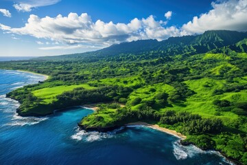 Explore lush green hills and tranquil ocean views under a bright blue sky in this serene coastal landscape, Lush green hills and ocean under a bright blue sky on a sunny day, aerial view