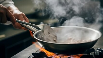 Chef cooking meat in frying pan on gas stove, stirring with spatula, creating smoke. Culinary arts, restaurant cooking, food preparation, professional kitchen concepts. - Powered by Adobe