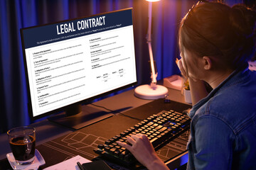 Digital legal contract provide terms and conditions document on computer screen ready for online...
