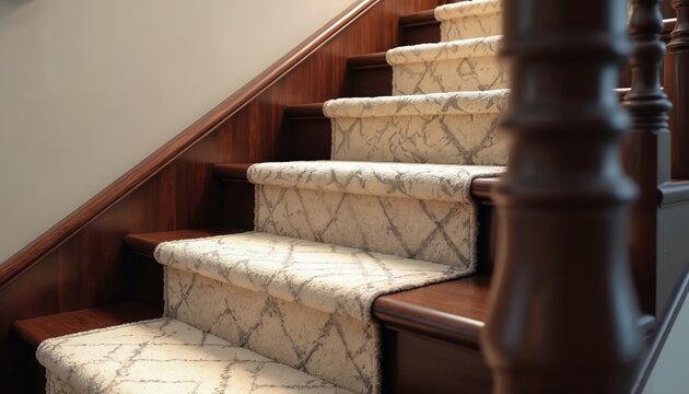 Elegant wooden staircase featuring plush carpet runner with subtle grey pattern. Interior design element combines classic style with modern comfort, safety. Rich wood finish, soft carpeting create