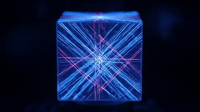 An abstract cube structure with blue and pink light patterns against a dark background