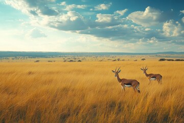 Native antelope gazelles grazing in the golden grasslands of Masai Mara National Park during sunset, Antelope gazelles in the Masai Mara National Park grassland group