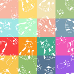 Seamless colorful pattern with cute hand-drawn white outline cats and paws on multicolor squares. Perfect for kids’ designs, fabrics, packaging, and playful digital decor.