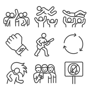 Rock Fan Icons. Line style icons of Rock Fan Culture: mosh pit crowd, stage dive, crowd surf, wristband snag, air guitar, group