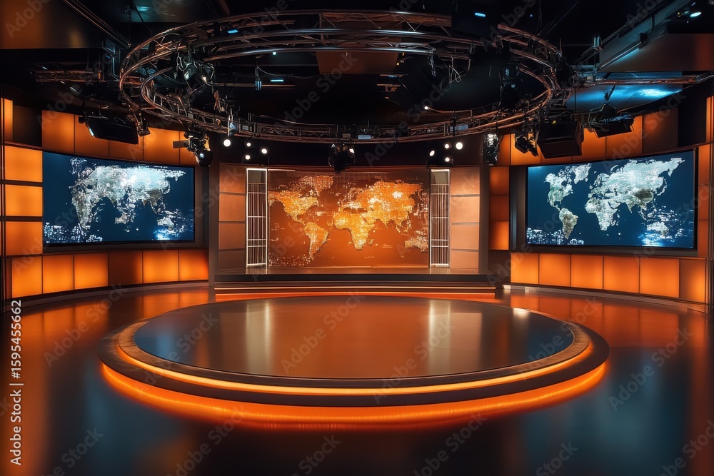 Poster digital news studio featuring globe backdrop and advanced lighting setup for global broadcasts, glob