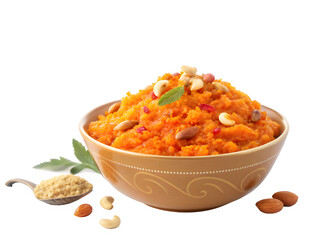 Delicious indian carrot halwa dessert in a bowl with nuts