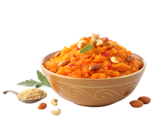 Delicious indian carrot halwa dessert in a bowl with nuts