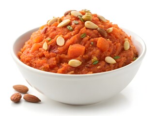 Delicious indian carrot dessert gajar ka halwa topped with almonds and pistachios in a white bowl
