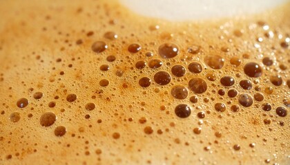 Close-up view of rich golden coffee foam with many small bubbles