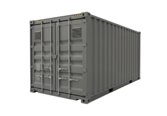 Gray shipping container with closed doors vents and yellow hazard stripes on a black background