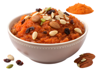 Delicious indian carrot halwa dessert topped with nuts and raisins