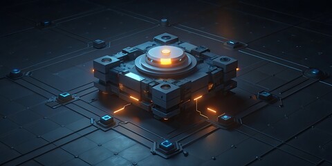 A complex futuristic technological device with glowing orange and blue lights sits on a digital grid.